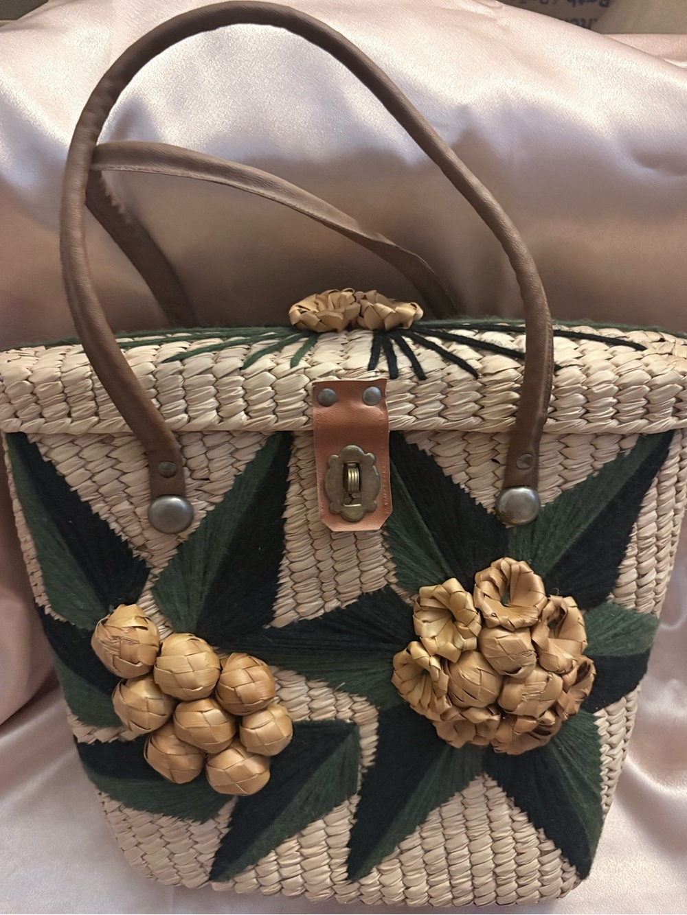 Vintage 1960s Woven Straw Basket Purse Handbag 3D Raffia Floral Boho MCM Mexico